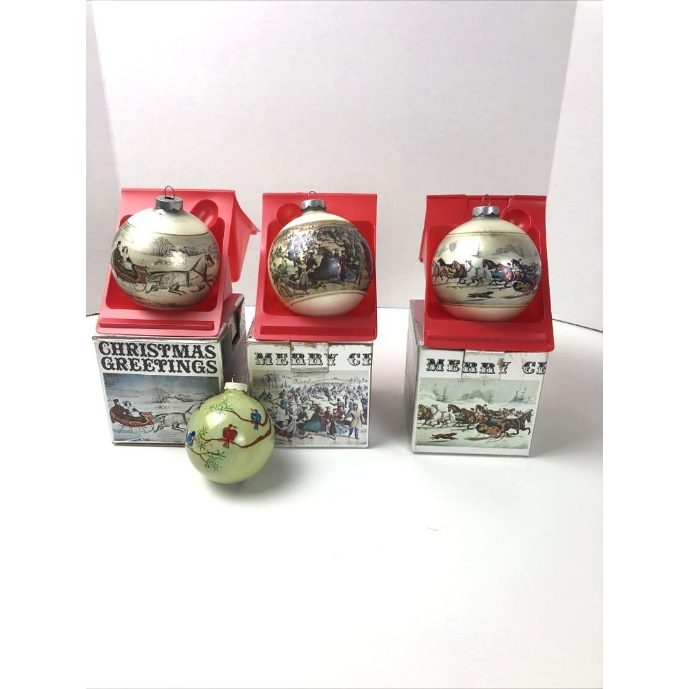 Corning Currier & Ives VTG Lot of 3 Christmas Ornaments & Hand Painted Bird Orna